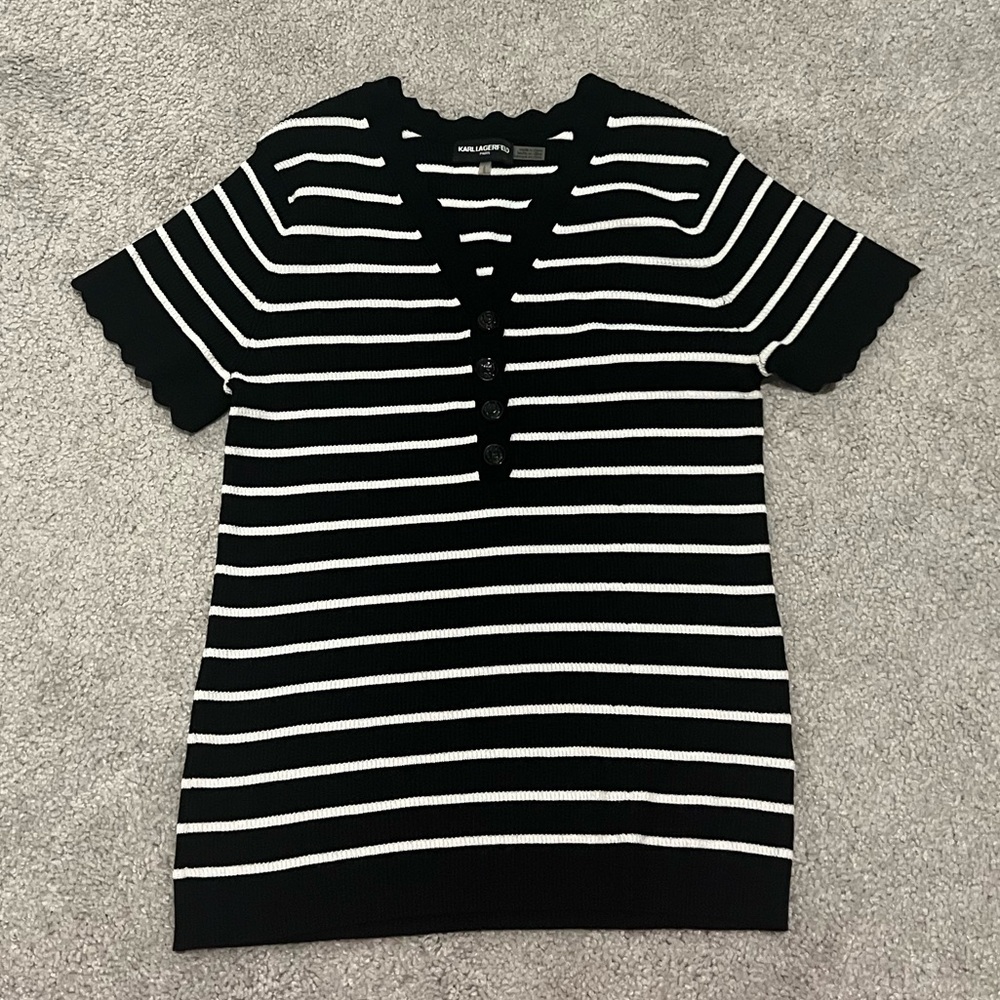 Karl Lagerfeld Black and White Striped Short-Sleeve Knit Sweater